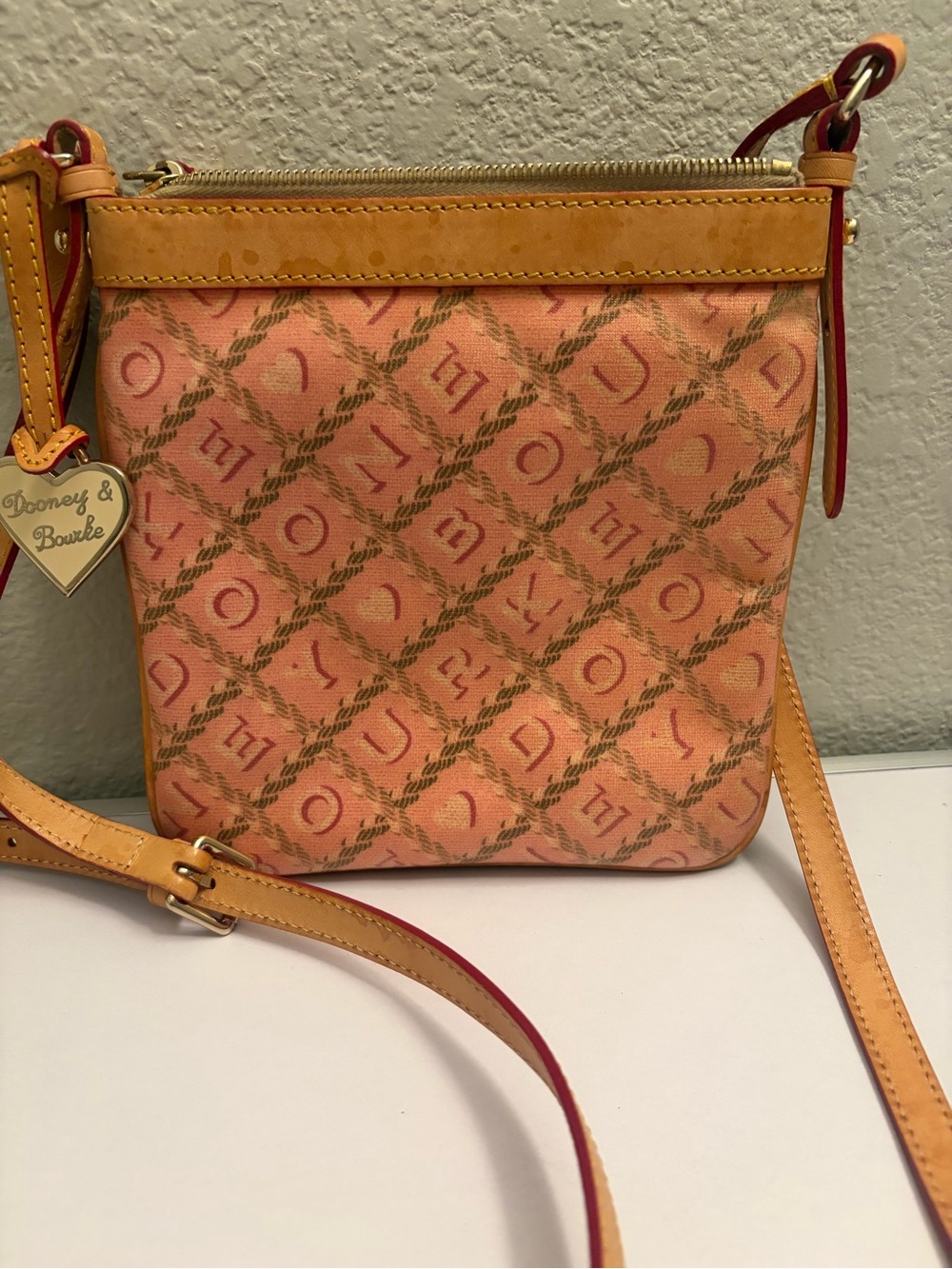 Dooney & Bourke Coral Pink Logo Canvas Crossbody with Tan Leather Trim